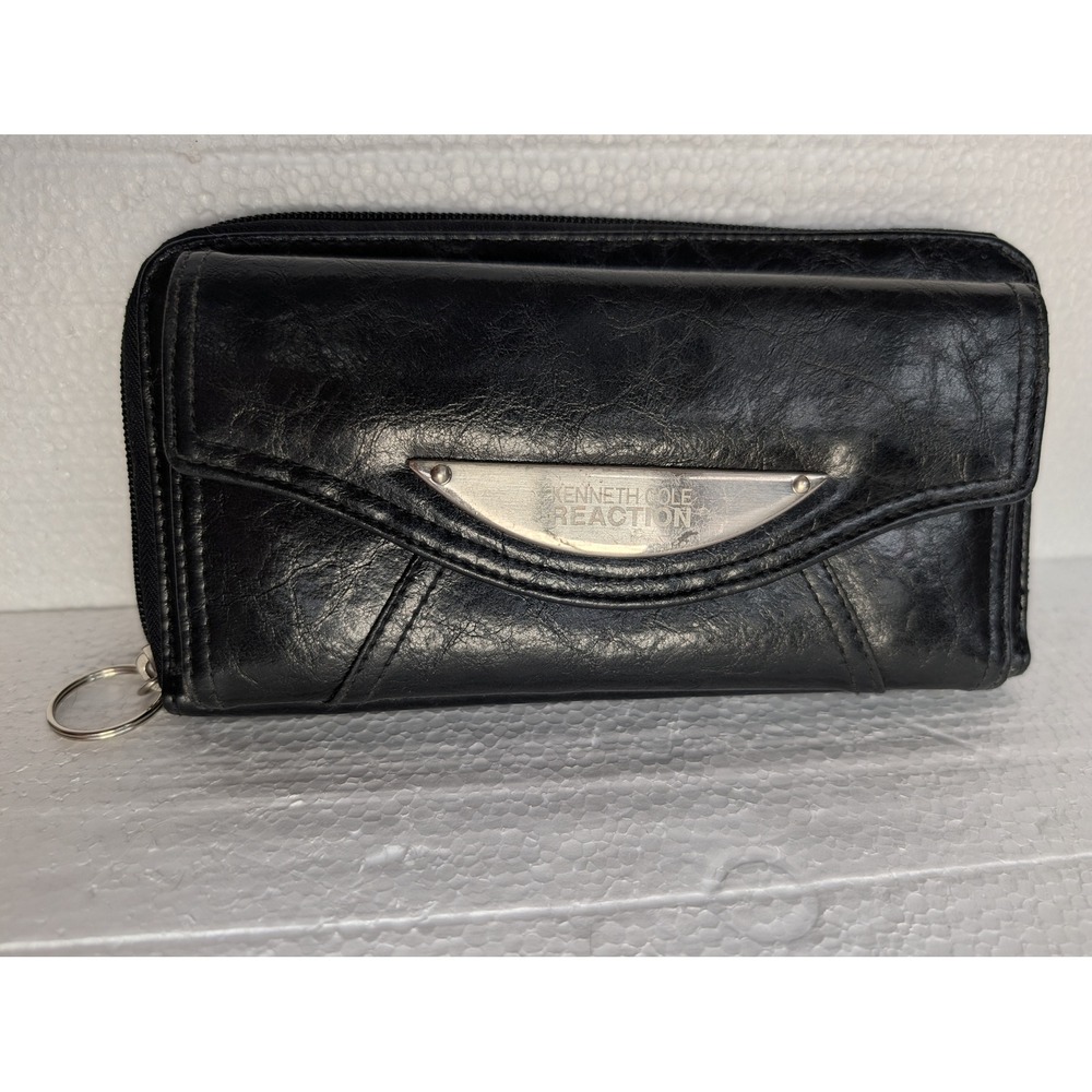 Kenneth Cole Reaction Black Faux Leather Zip Around Flap Wallet Organizer